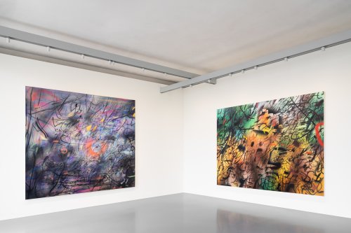 Julie Mehretu, (from left to right), Sun Ship (J.C.), 2018, Pinault Collection, Loop (B. Lozano, Bolsonaro eve), 2019-2020, Pinault Collection.