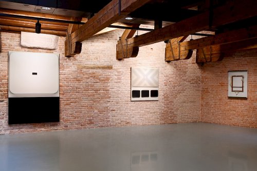 Fabio Mauri, "Schermo", 1970 / "Drive In 2", 1962 / "Schermo carta rotto", 1957-1990. Pinault Collection. Courtesy Giorgio Benni, Roma. Installation view at Punta della Dogana, 2016