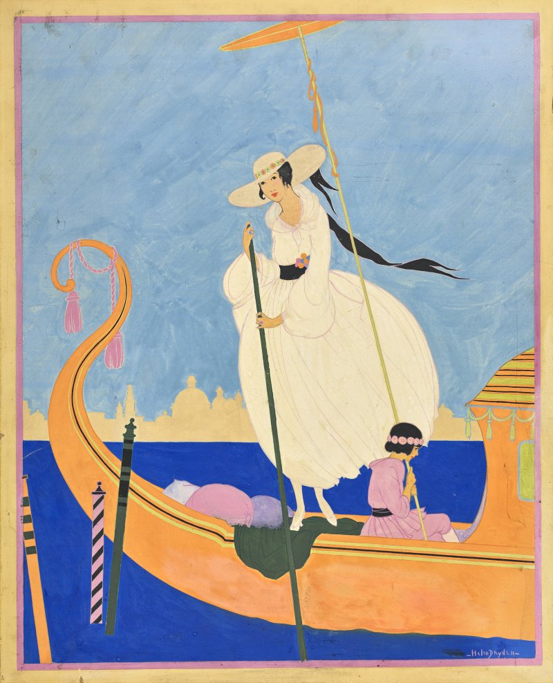 HELEN DRYDEN, Woman standing on a gondola, holding onto a pole, 1916, Vogue © Condé Nast