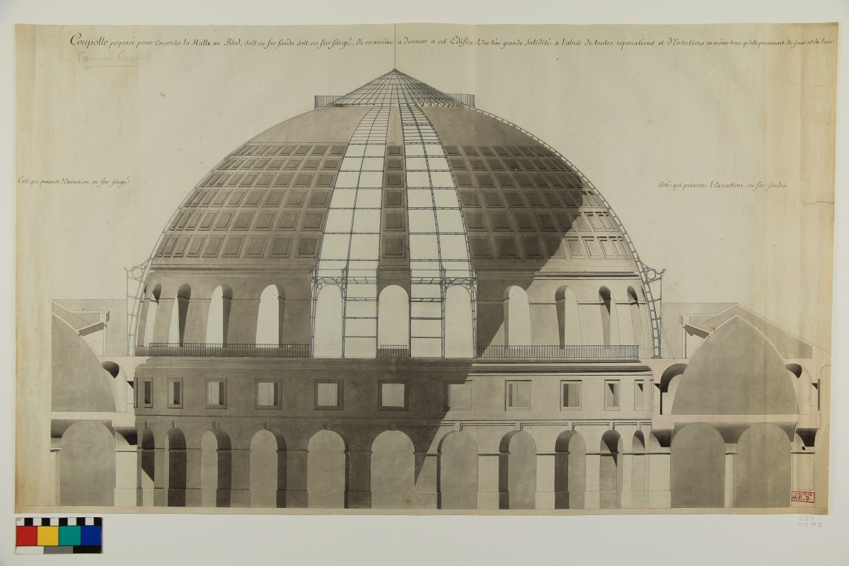 Jacques Ignace Hittorff Elévation en coupe de la coupole projetée pour la Halle au Blé 1811