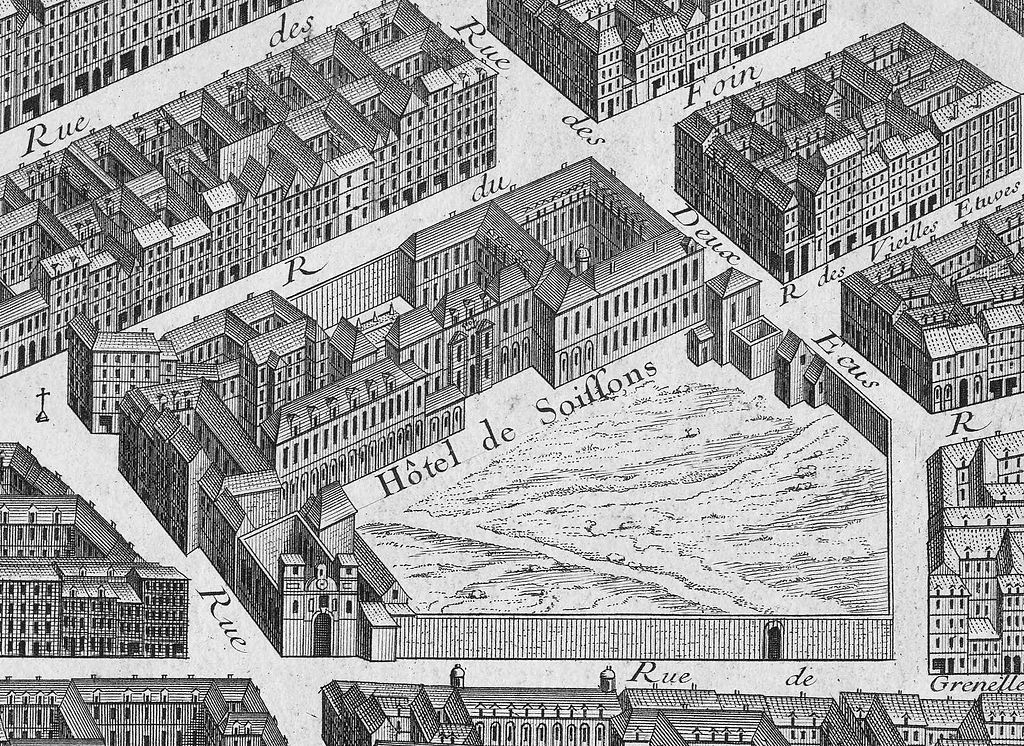 Vue cavalière de l’hôtel de Soissons au début du 18e siècle, juste avant sa démolition, d’après le plan de Bretez, dit « de Turgo », vers 1734-1739 Vue cavalière de l’hôtel de Soissons au début du 18e siècle, juste avant sa démolition, d’après le plan de Bretez, dit « de Turgo », vers 1734-1739