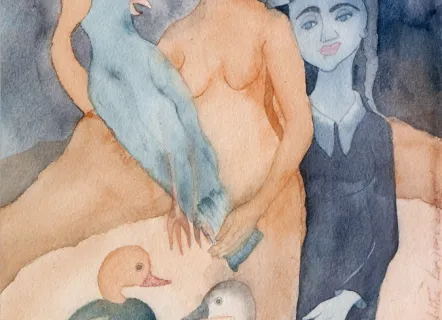 Lalitha Lajmi, Woman & Child with 3 birds, 2015