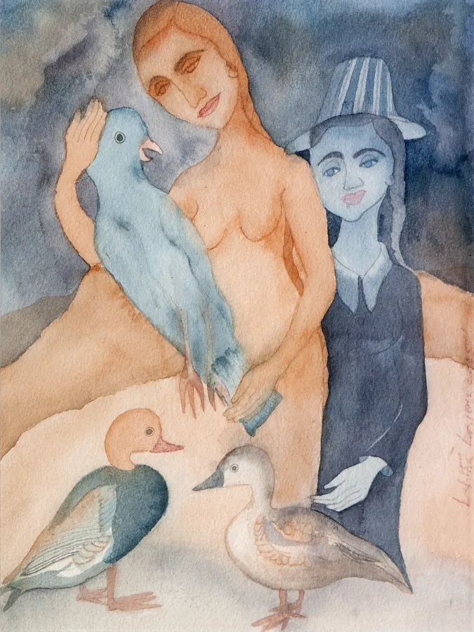 Lalitha Lajmi, Woman & Child with 3 birds, 2015