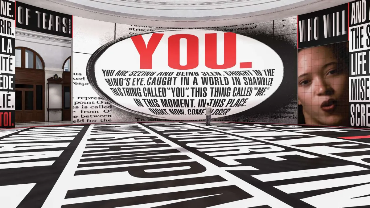 Simulation of Barbara Kruger's installation in the Rotunda of the Bourse de Commerce – Pinault Collection. Courtesy of the artist.